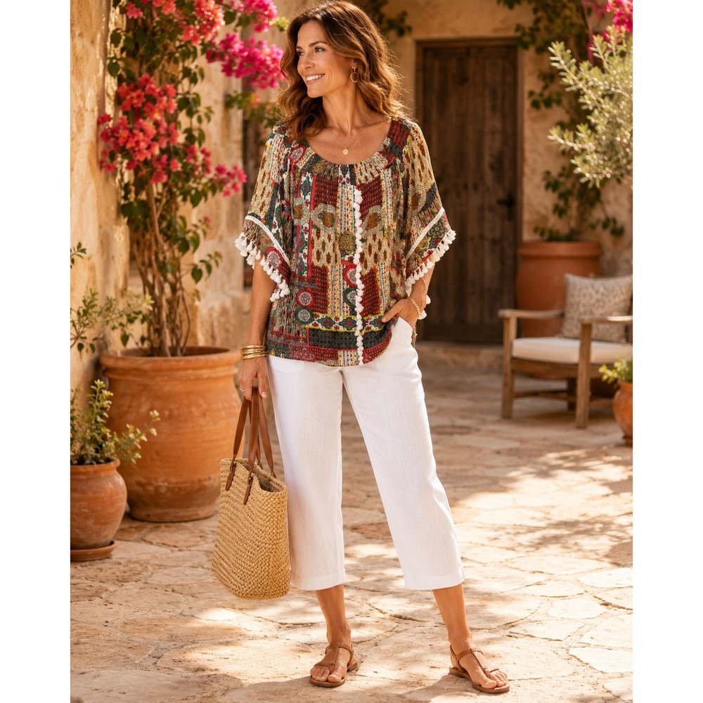 Ali Miles Patchwork Paisley Pom Pom Trim Flutter Sleeve Multicolor Print Top XL